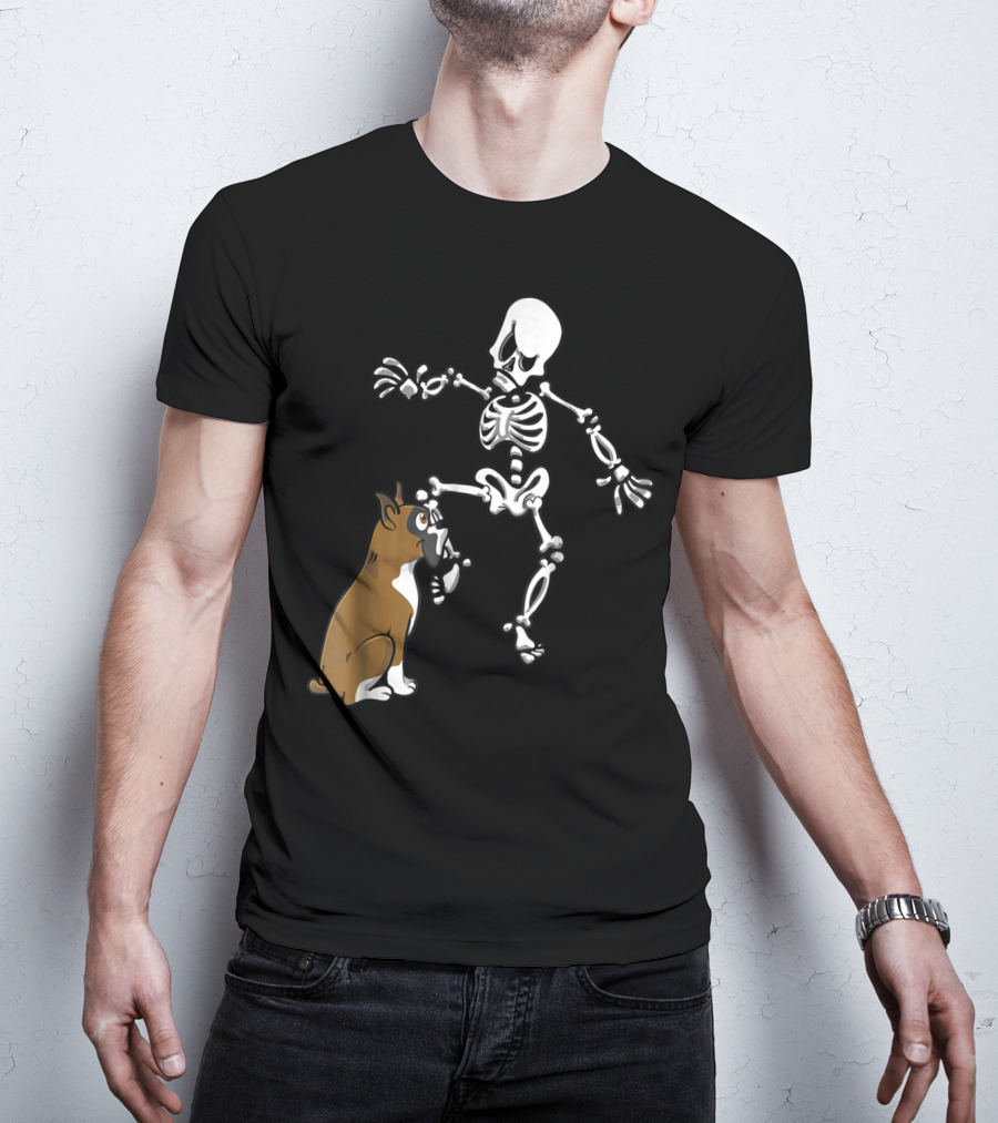 Boxer Dog Biting Skeleton Leg Halloween Dog Skeleton T-Shirt