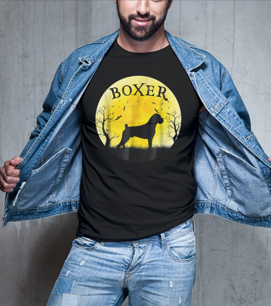 Boxer Dog Full Moon Halloween Bats Trees Vintage T-Shirt