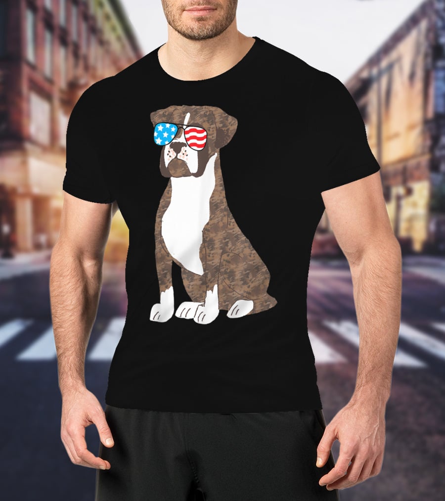 Patriotic Boxer Dog USA Flag Sunglasses Memorial Day T-Shirt