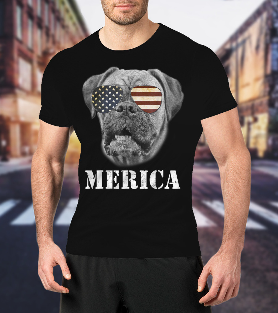 Merica Patriotic Boxer Dog With USA Flag Sunglasses T-Shirt