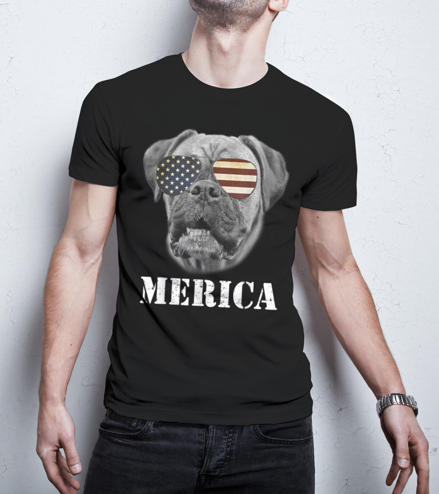 Merica Patriotic Boxer Dog With USA Flag Sunglasses T-Shirt