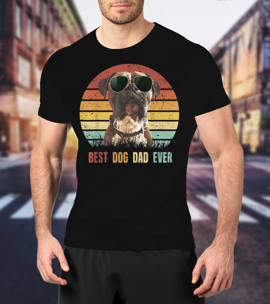Mens Vintage Best Dog Dad Ever Boxer Dog Sunglasses Retro Sunburst T-Shirt