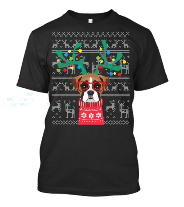 Swea Xmas Boxer Dog Reindeer Antlers Holiday Lights Ugly Christmas T-Shirt