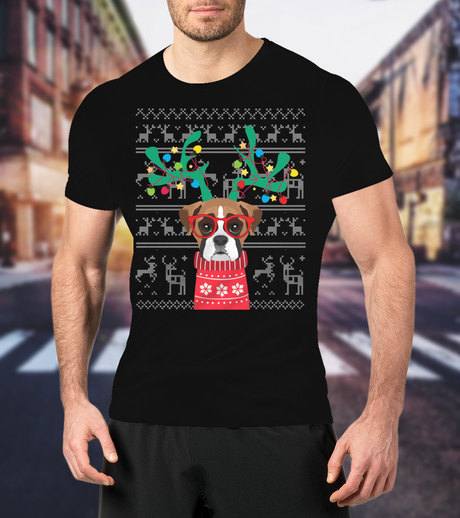 Swea Xmas Boxer Dog Reindeer Antlers Holiday Lights Ugly Christmas T-Shirt