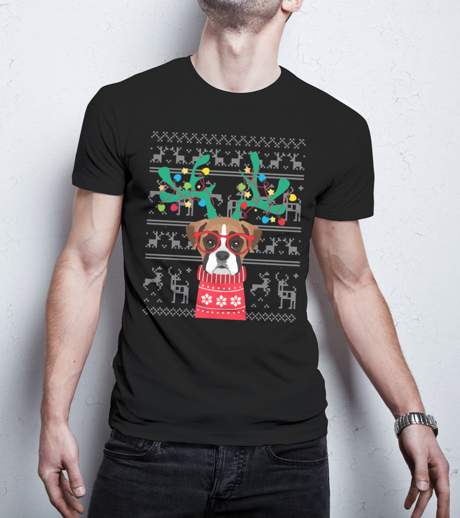 Swea Xmas Boxer Dog Reindeer Antlers Holiday Lights Ugly Christmas T-Shirt