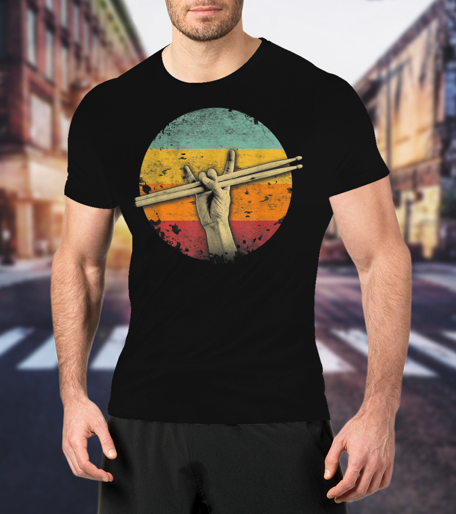 Rock Drummer Hand Sign Drumsticks Percussion Lover Retro Circle T-Shirt