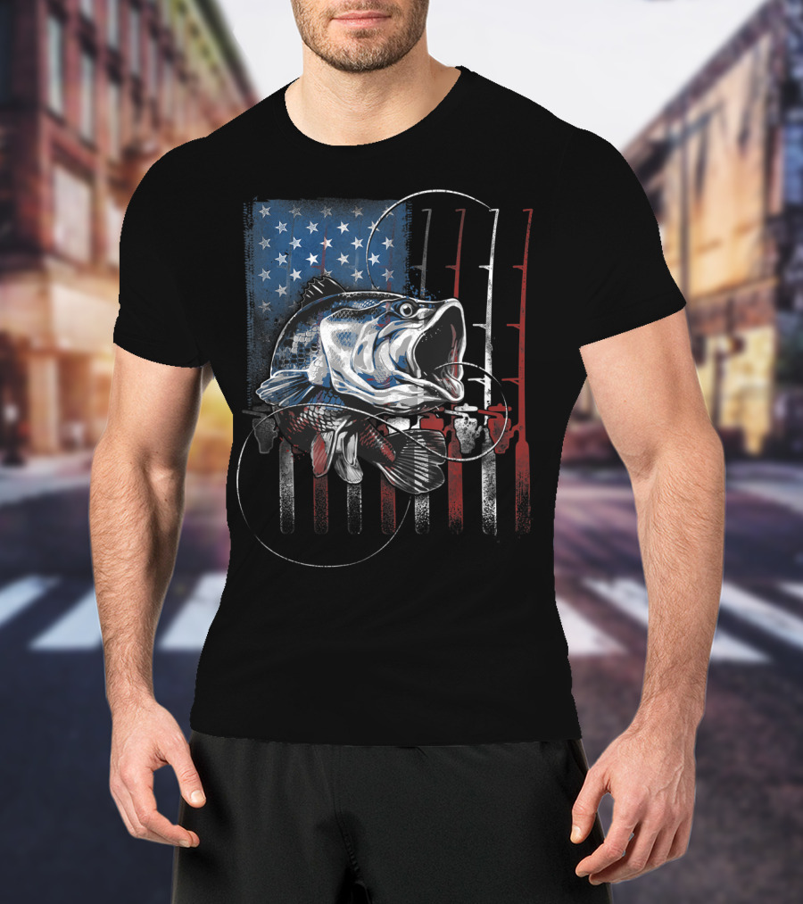 Fishing American Flag Vintage USA Bass Rods Stars Stripes T-Shirt