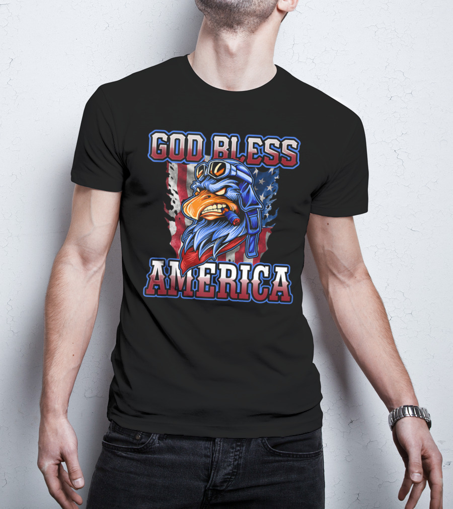 God Bless America Patriotic Eagle With American Flag Helmet And Goggles T-Shirt