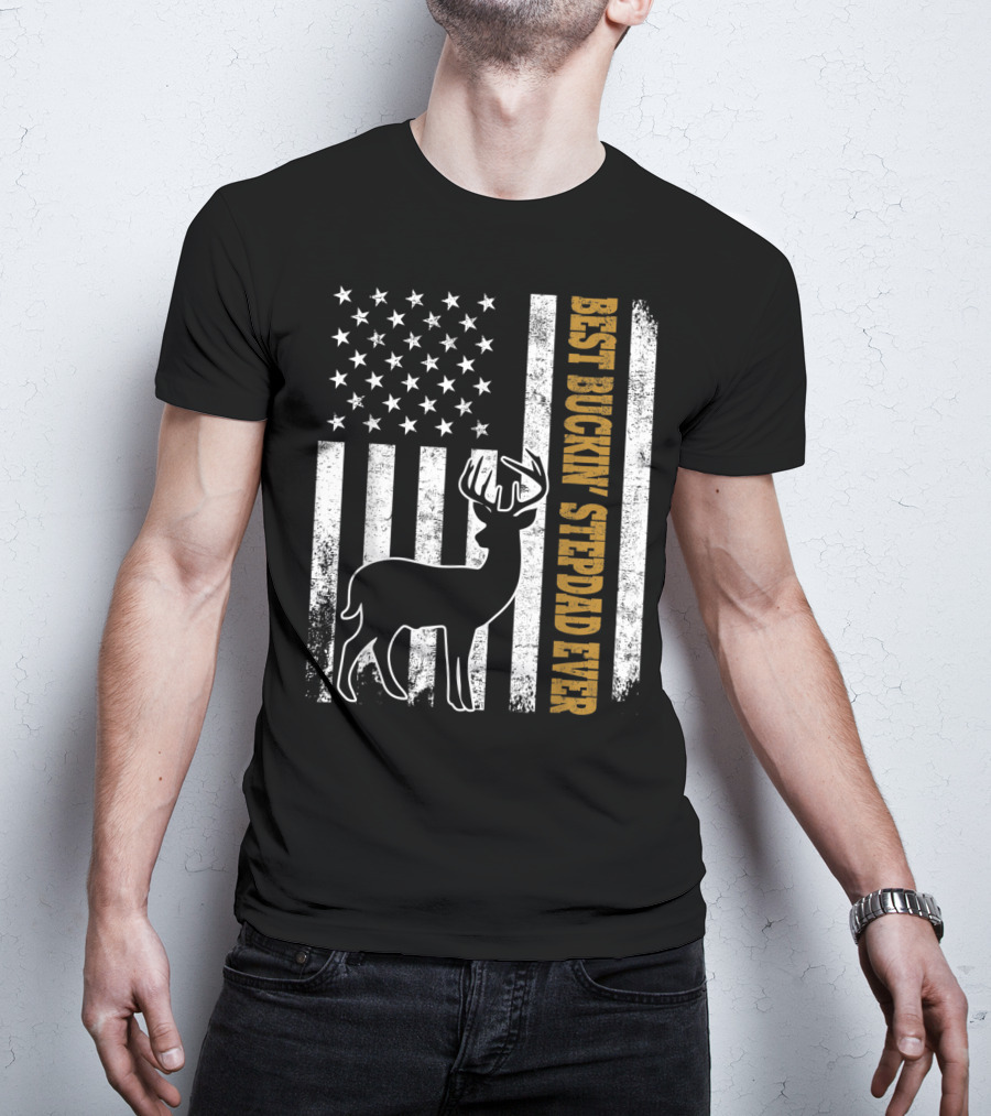 American Flag Best Buckin Stepdad Ever Deer T-Shirt