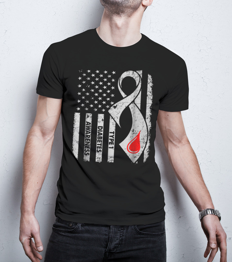 American Flag Type 1 Diabetes Awareness Ribbon With Blood Drop T-Shirt