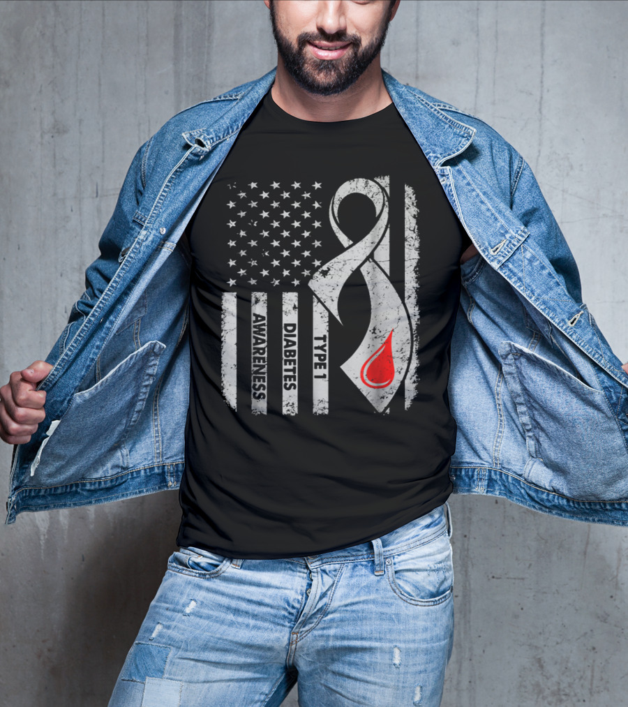 American Flag Type 1 Diabetes Awareness Ribbon With Blood Drop T-Shirt