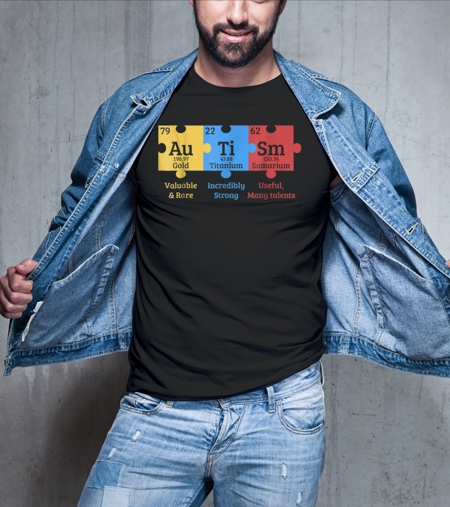 Autism Awareness Gold Titanium Samarium Elements Puzzle T-Shirt