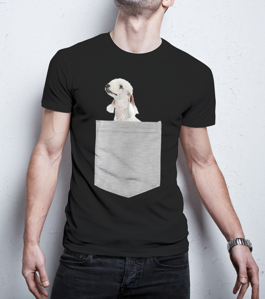 Bedlington Terrier Peeking From Gray Pocket T-Shirt