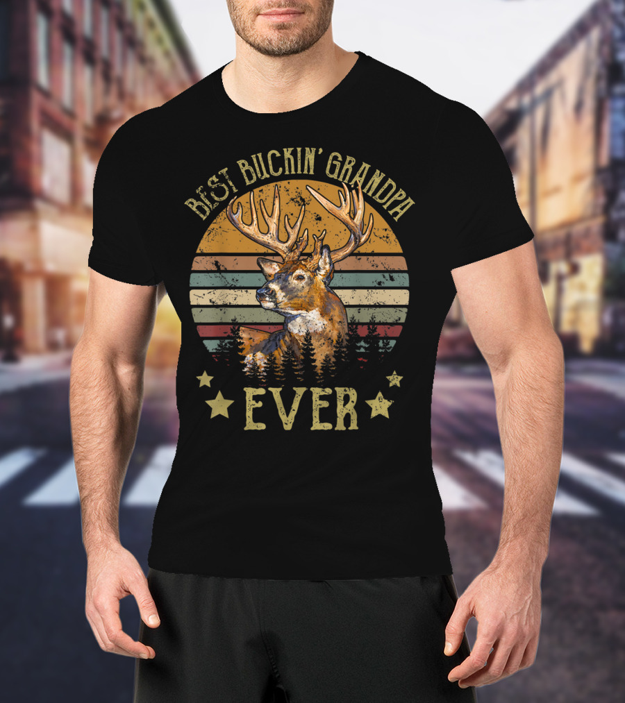 Best Buckin' Grandpa Ever Deer Hunters Vintage Sunset Buck Silhouette Stars T-Shirt