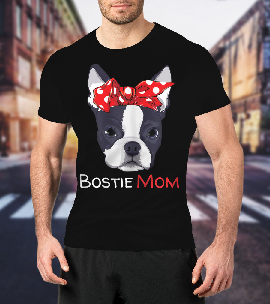 Bostie Mom Boston Terrier With Red Polka Dot Bow T-Shirt