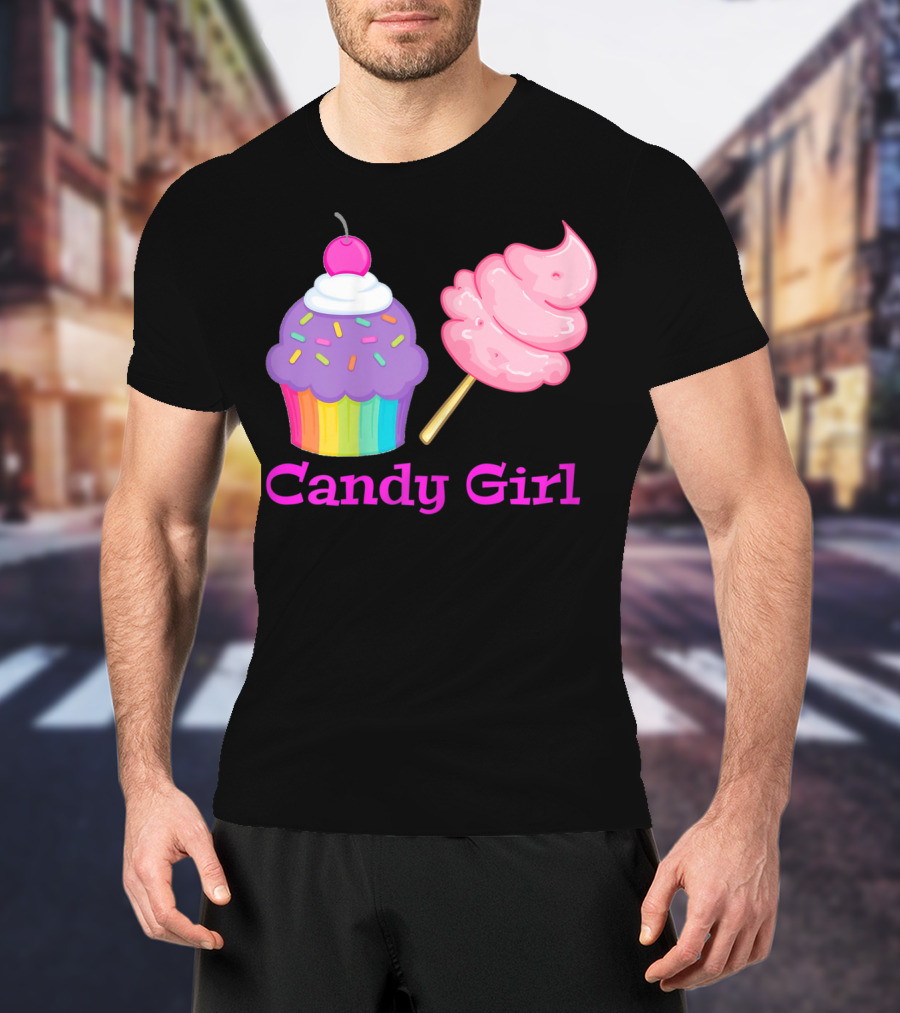 Candy Girl Cupcake And Cotton Candy Rainbow Sprinkles Cherry Top And Pink Swirl T-Shirt