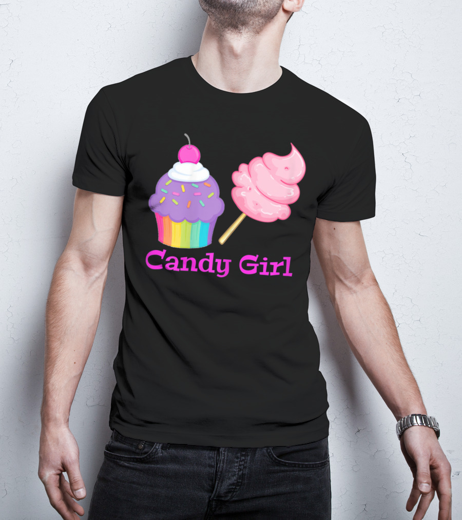 Candy Girl Cupcake And Cotton Candy Rainbow Sprinkles Cherry Top And Pink Swirl T-Shirt