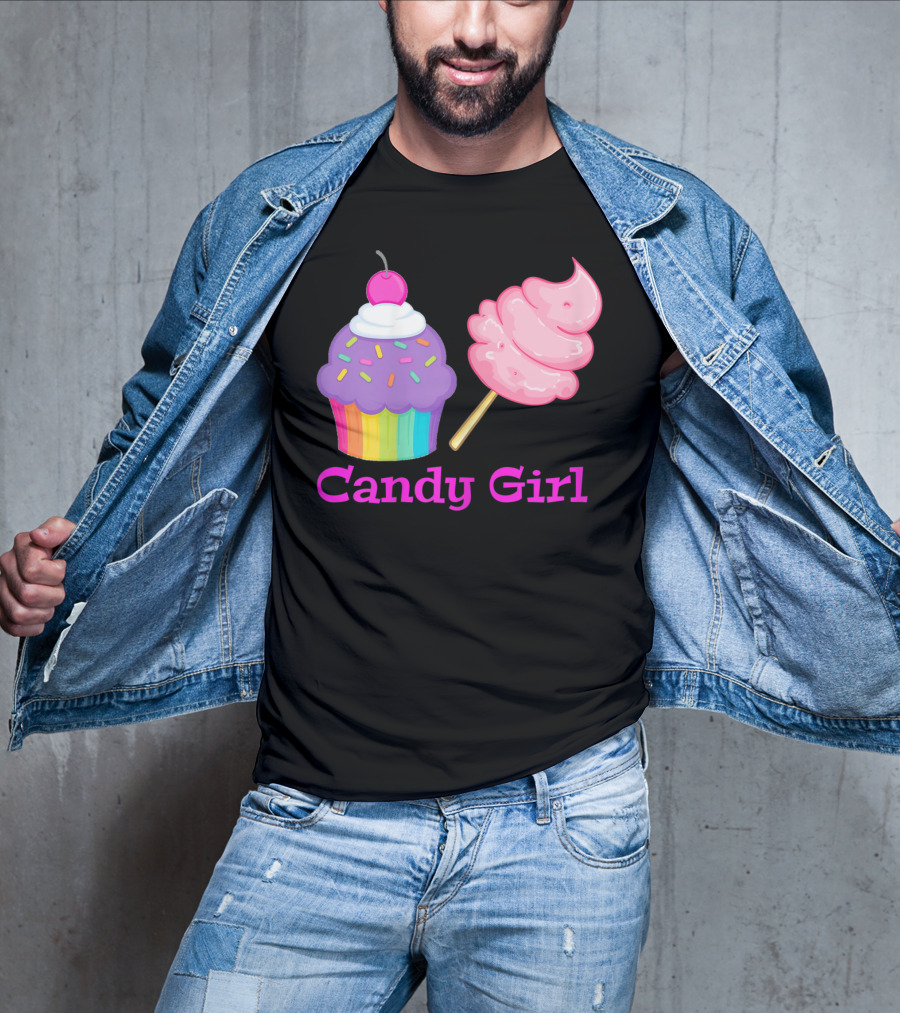 Candy Girl Cupcake And Cotton Candy Rainbow Sprinkles Cherry Top And Pink Swirl T-Shirt