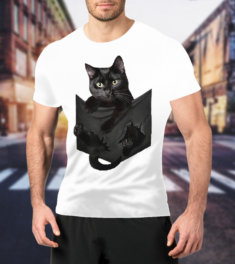 Cat In Pocket Black Cat Inside Pocket Bac Playful T-Shirt