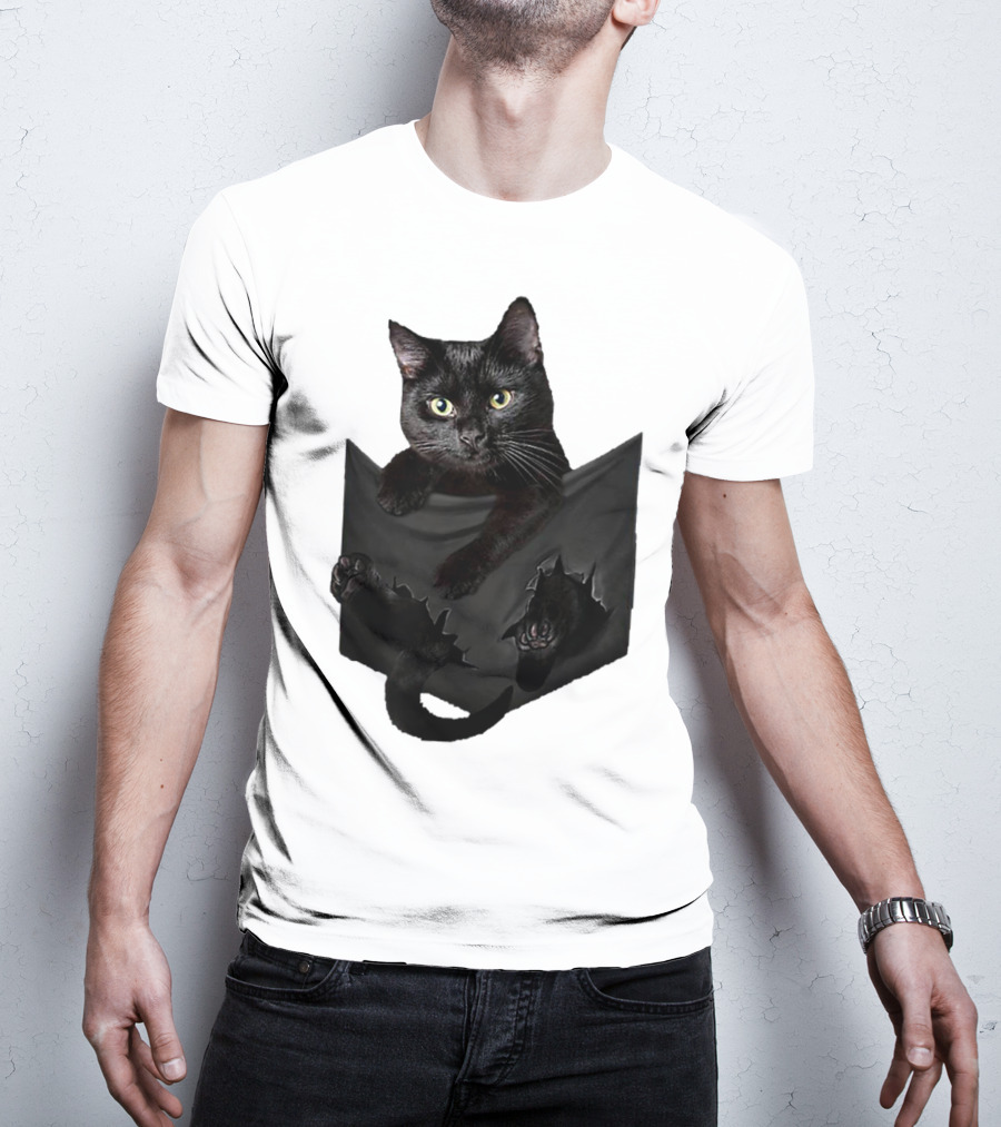 Cat In Pocket Black Cat Inside Pocket Bac Playful T-Shirt