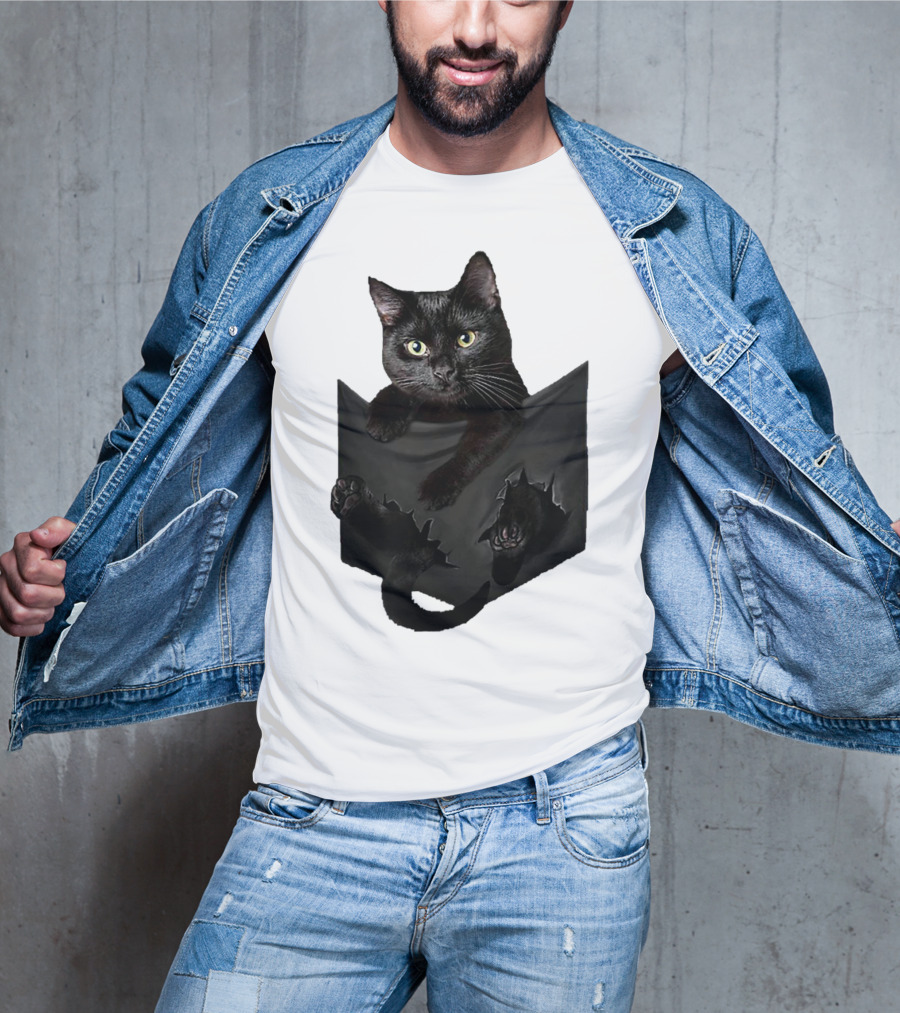 Cat In Pocket Black Cat Inside Pocket Bac Playful T-Shirt