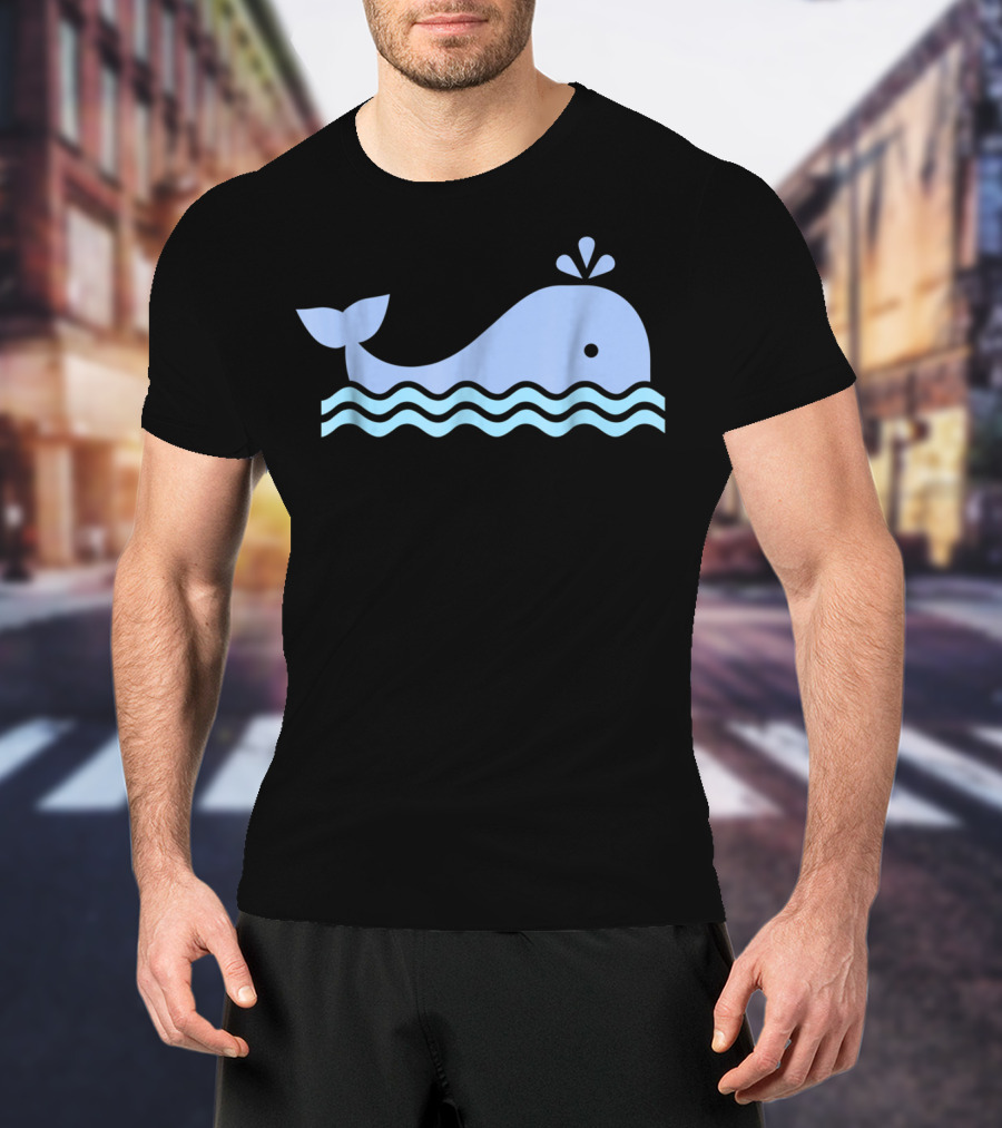 Cute Blue Whale Cartoon With Waves And Water Spout T-Shirt