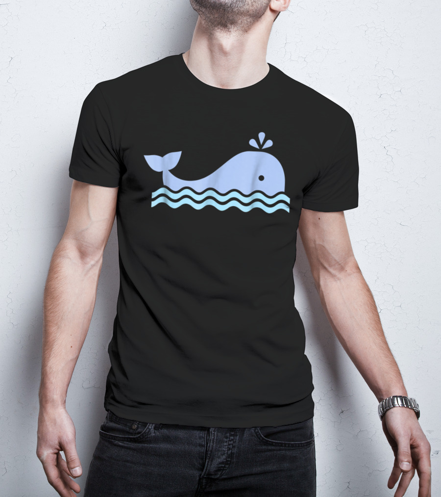 Cute Blue Whale Cartoon With Waves And Water Spout T-Shirt
