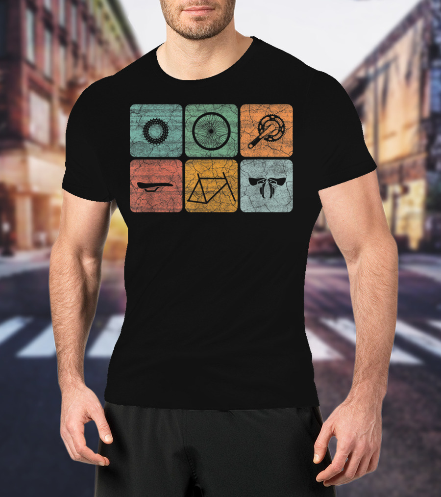Cycling Classic Bicycle Parts Vintage Style Gear Frame Wheel Chainring Saddle Handlebars T-Shirt