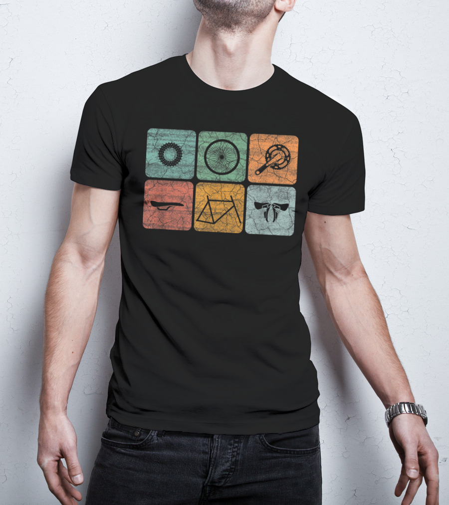 Cycling Classic Bicycle Parts Vintage Style Gear Frame Wheel Chainring Saddle Handlebars T-Shirt