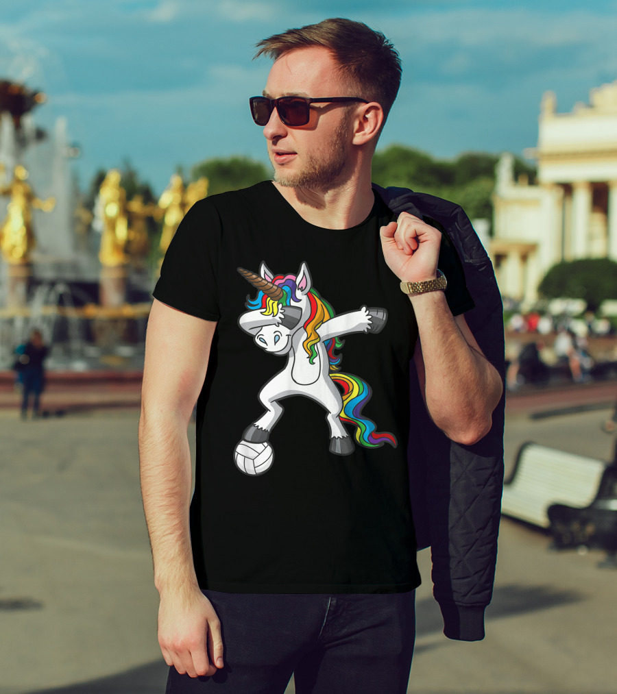 Dabbing Unicorn With Volleyball And Rainbow Mane T-Shirt