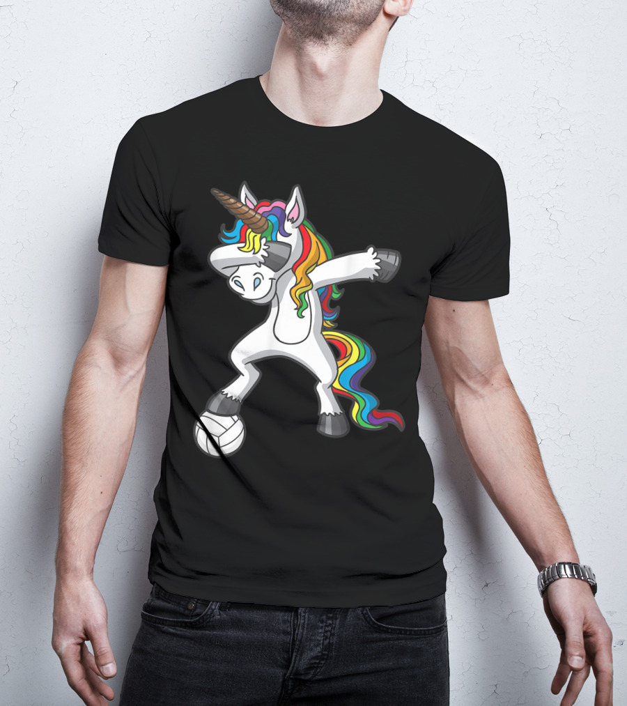 Dabbing Unicorn With Volleyball And Rainbow Mane T-Shirt
