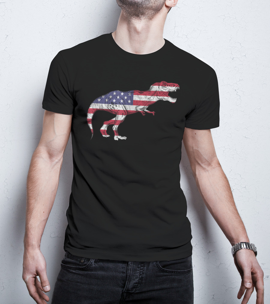 Dino USA American Flag Tyrannosaurus Patriotic Dinosaur T-Shirt