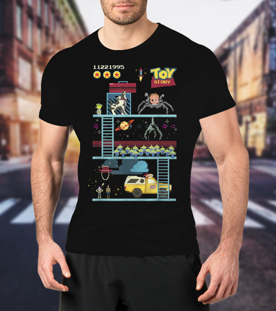 Toy Story 8 Bit Video Game Scene With Retro Pixel Art Adventure T-Shirt