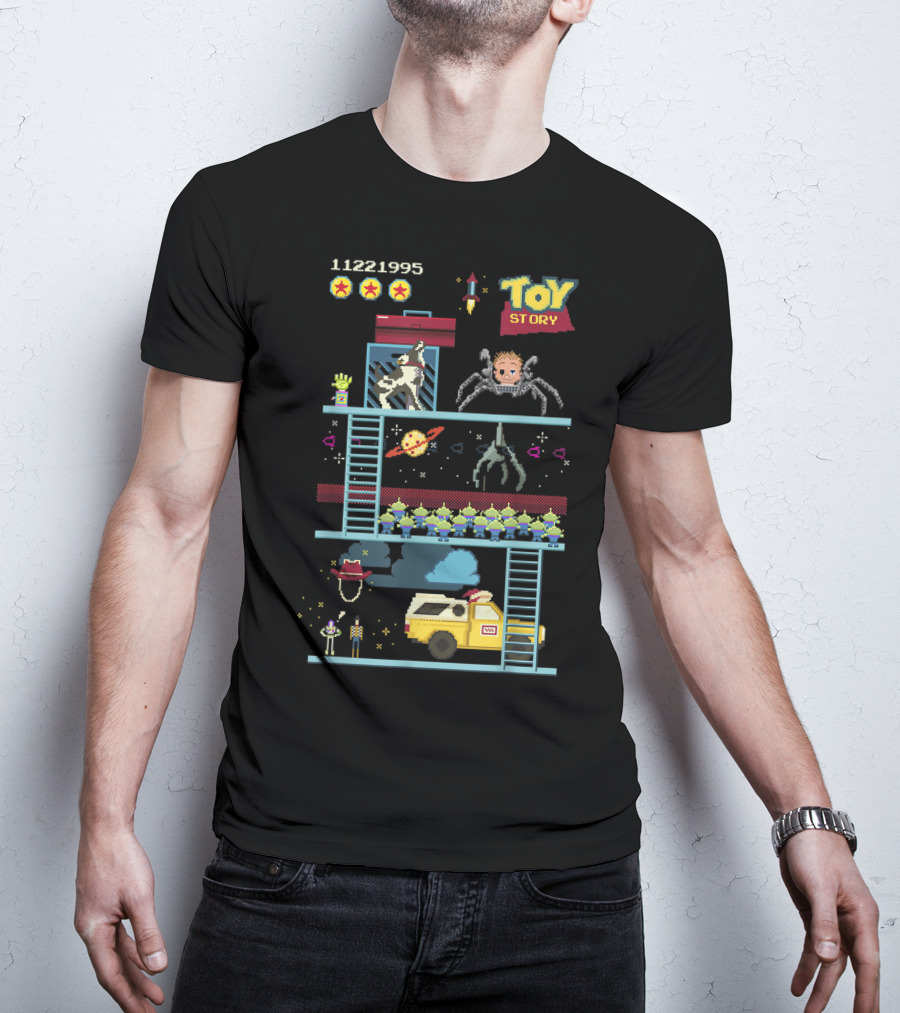 Toy Story 8 Bit Video Game Scene With Retro Pixel Art Adventure T-Shirt