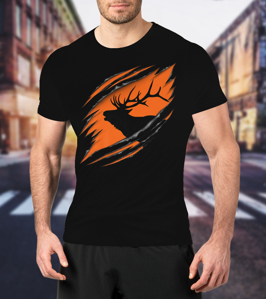 Elk Hunting Silhouette With Tear Marks On Orange T-Shirt