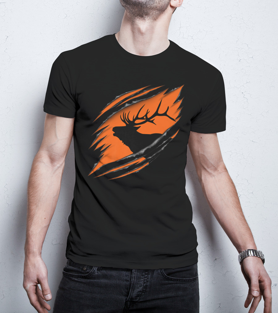 Elk Hunting Silhouette With Tear Marks On Orange T-Shirt