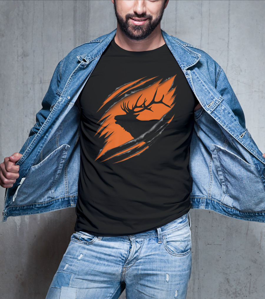 Elk Hunting Silhouette With Tear Marks On Orange T-Shirt