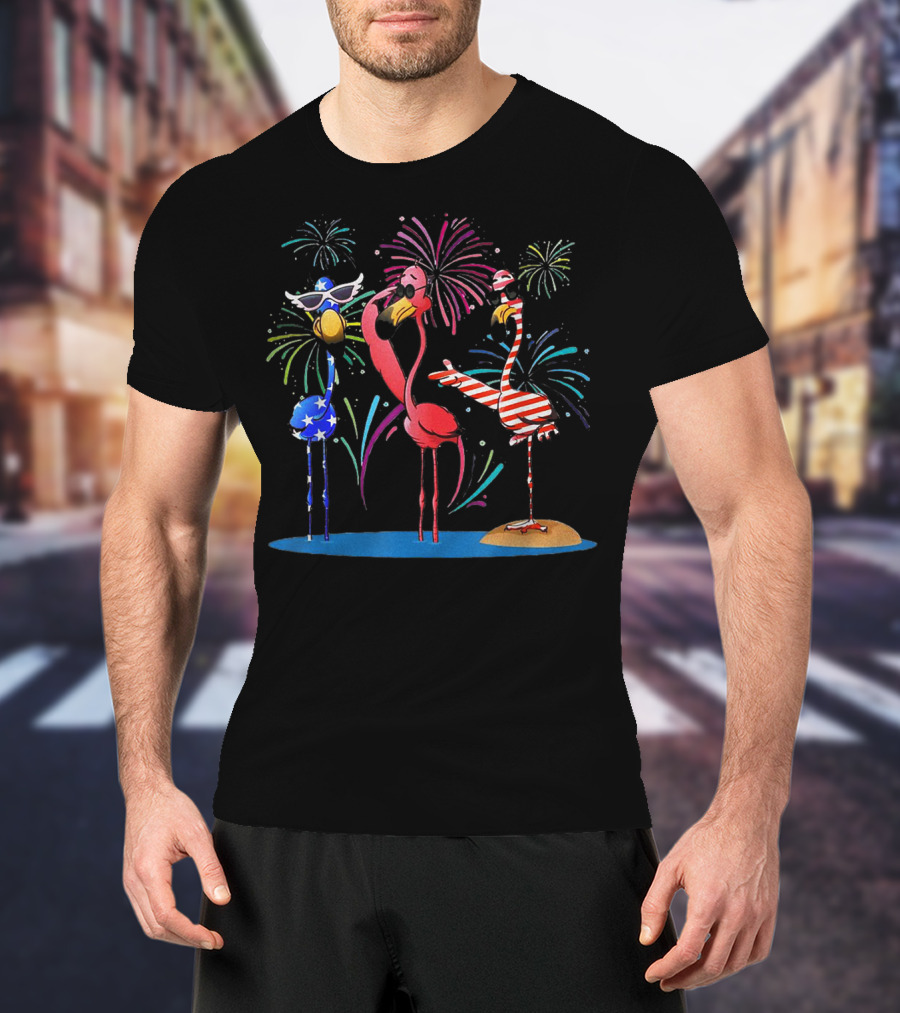 Flamingo American Flag Fireworks Patriotic Celebration With Sunglasses And Stripes T-Shirt