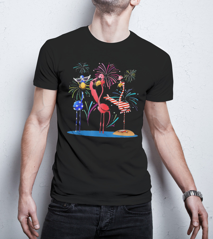 Flamingo American Flag Fireworks Patriotic Celebration With Sunglasses And Stripes T-Shirt