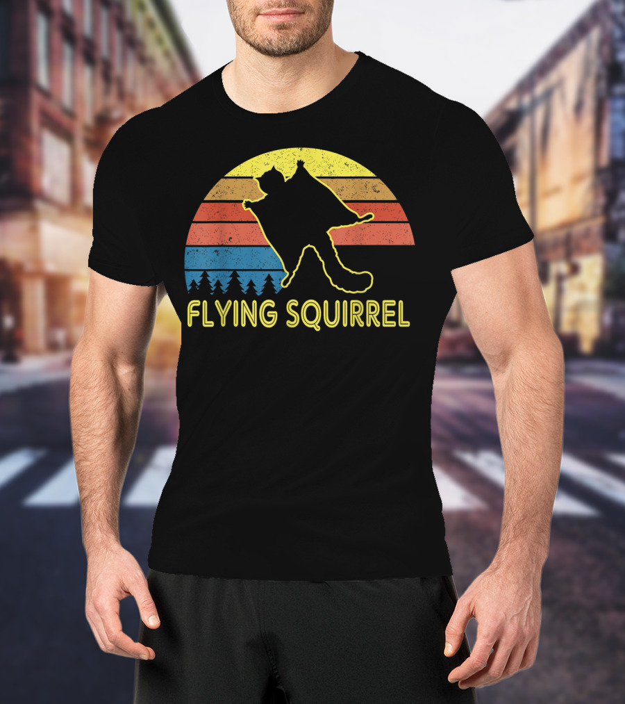 Flying Squirrel Retro Sunset With Silhouette And Forest Stripes T-Shirt