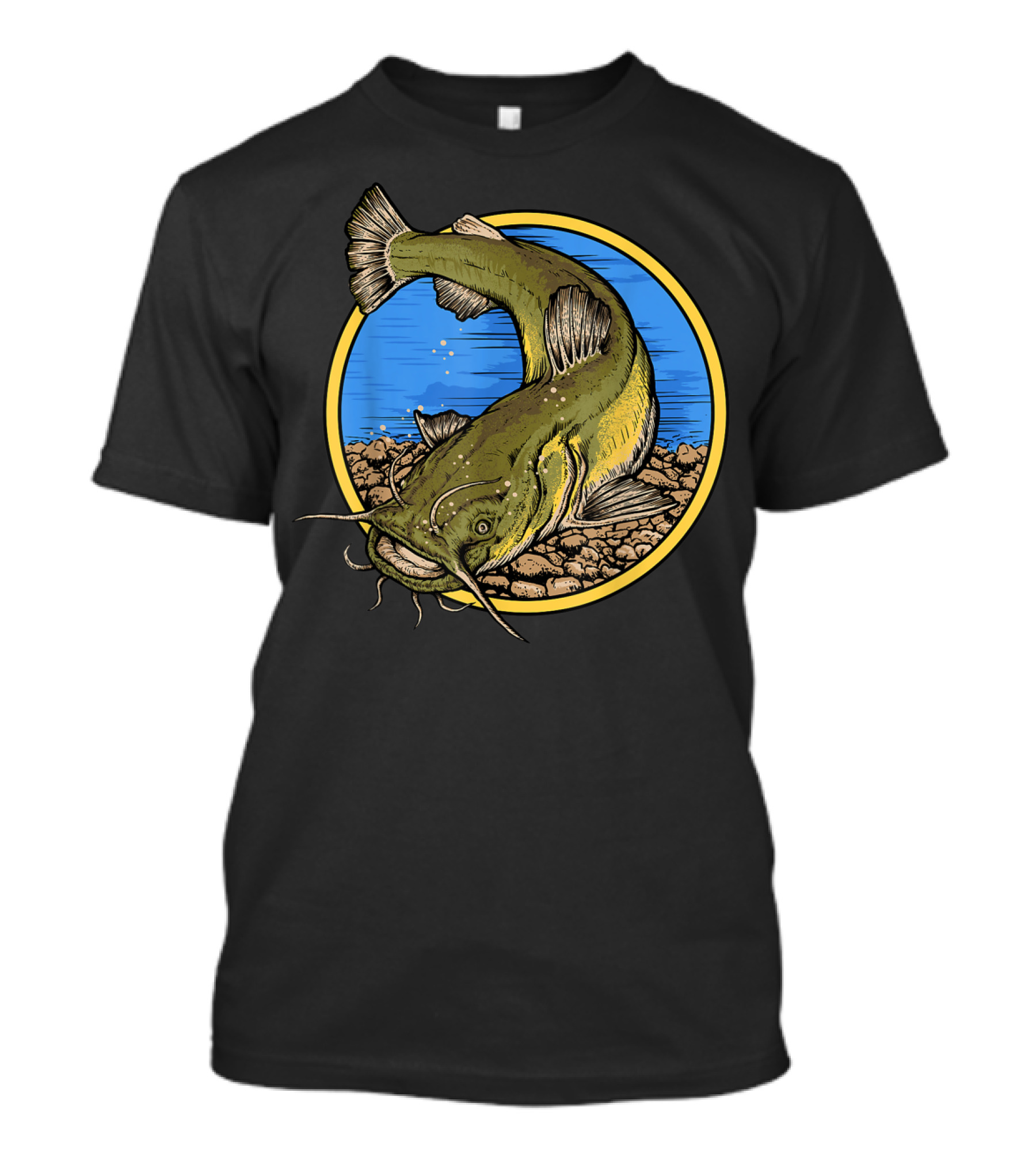 Catfish Fishing Against Colorful Water With Circle Background T-Shirt