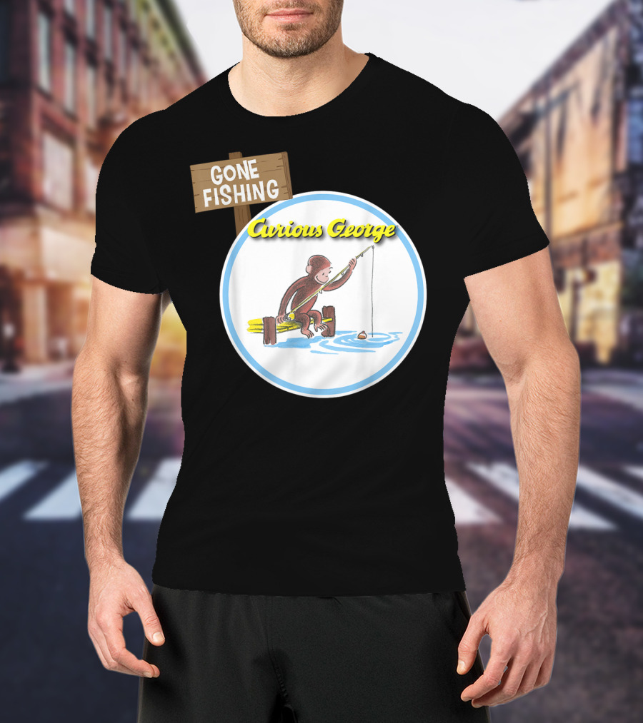 Curious George Gone Fishing Sign And Circle Scene T-Shirt
