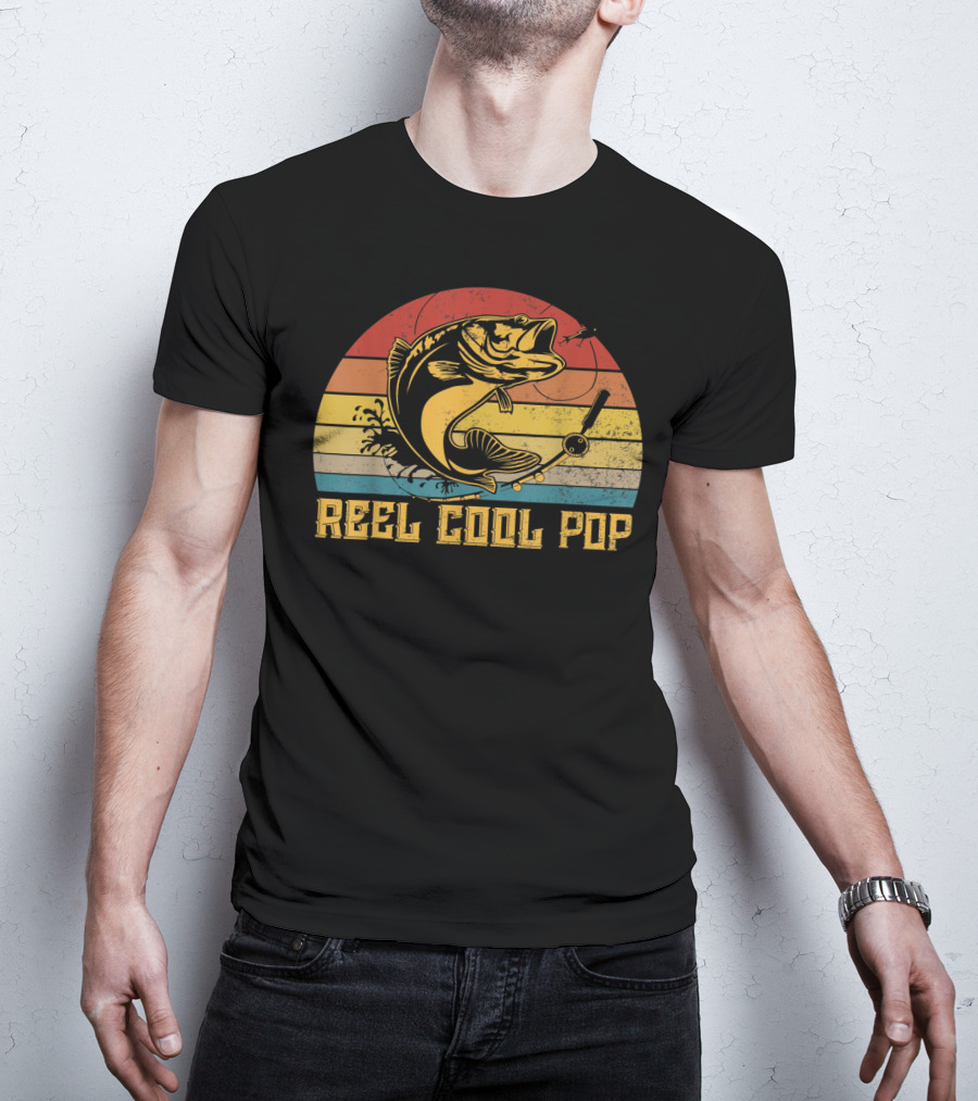 Father's Day Vintage Fishing Reel Cool Pop Retro Bass Sunset T-Shirt
