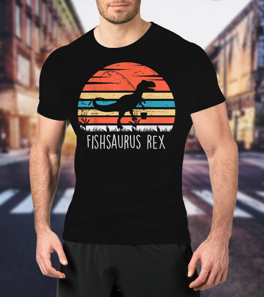 Fathers Day Fishsaurus Rex Dinosaur Fishing Vintage Sunset T-Shirt