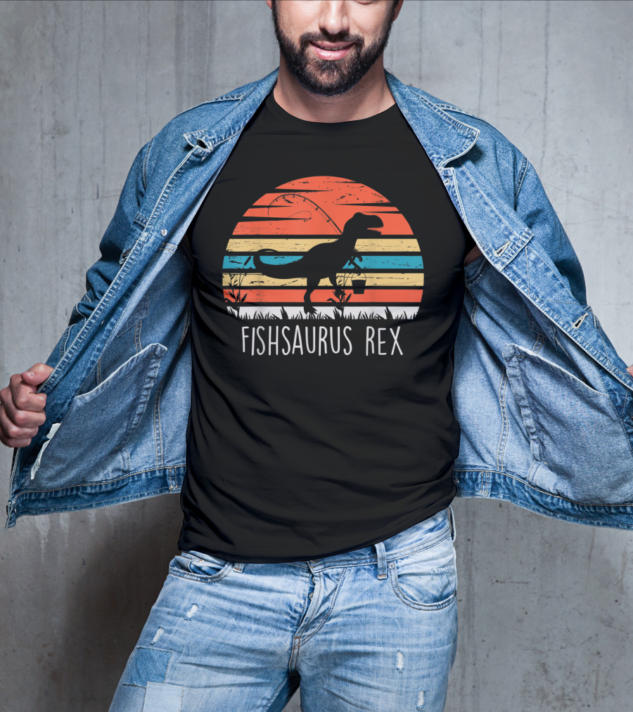 Fathers Day Fishsaurus Rex Dinosaur Fishing Vintage Sunset T-Shirt