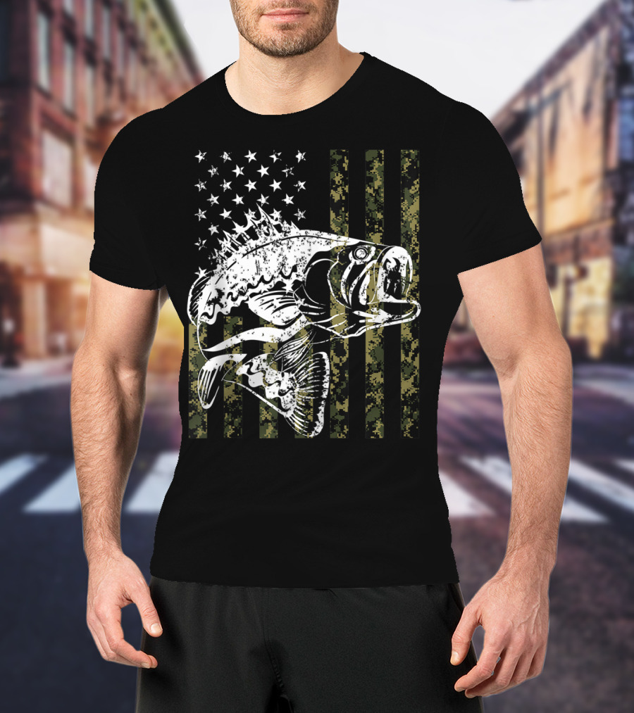 American Flag Camouflage Bass Fishing USA T-Shirt