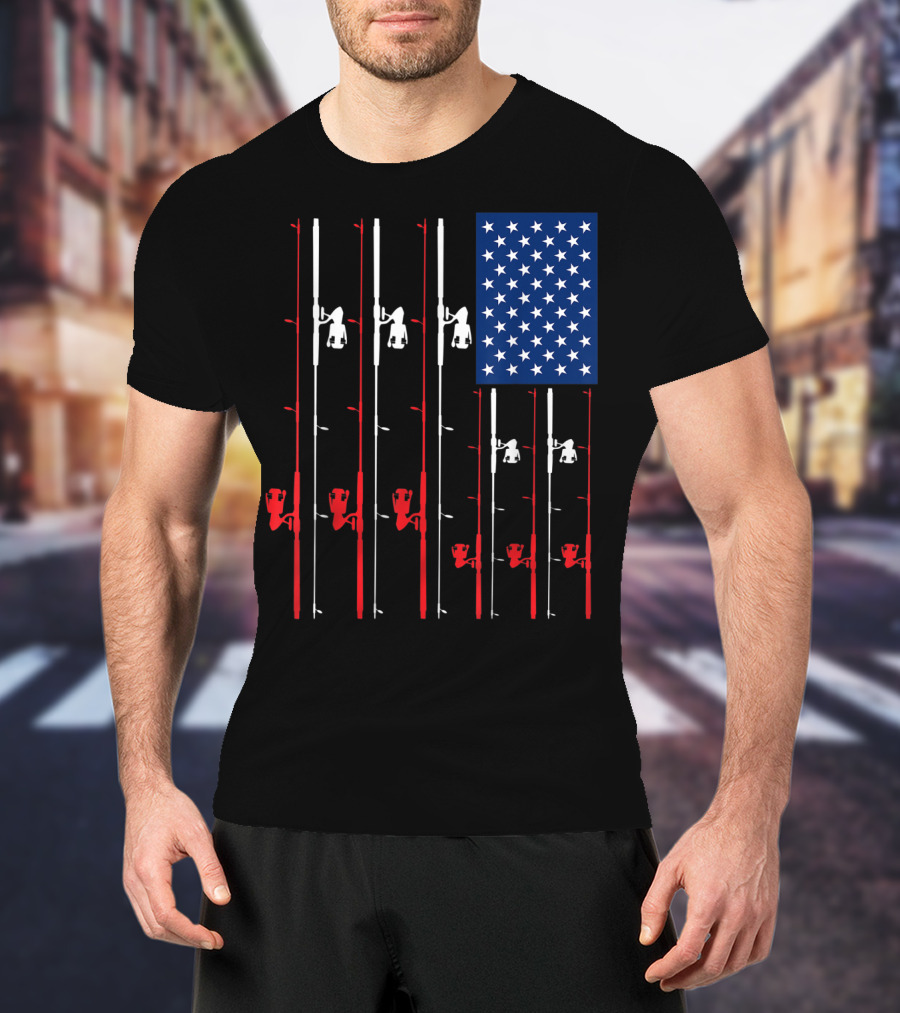 Fishing Rod US Flag Cute Fish Hunting American Patriotic Iconic T-Shirt