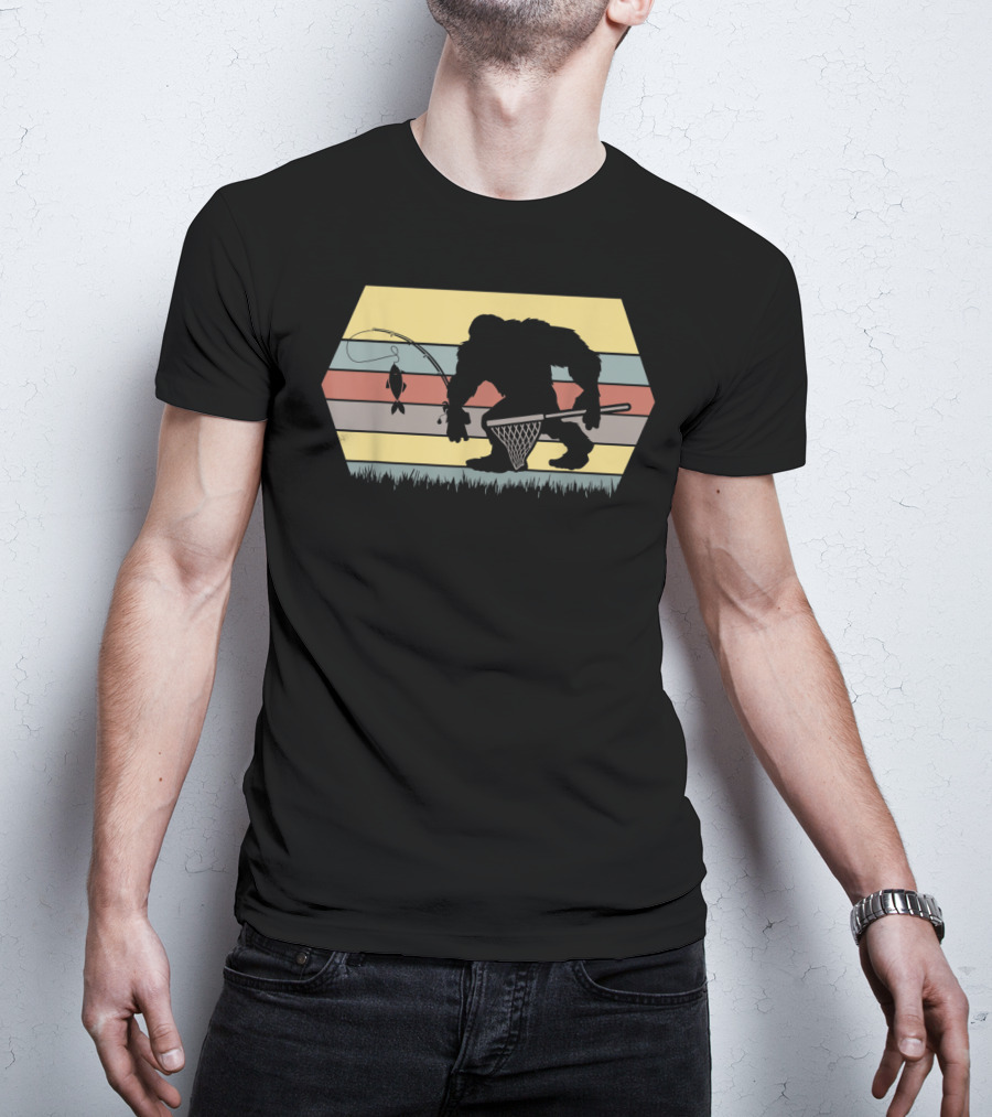 Funny Big Foot Fishing Silhouette Retro Stripes T-Shirt