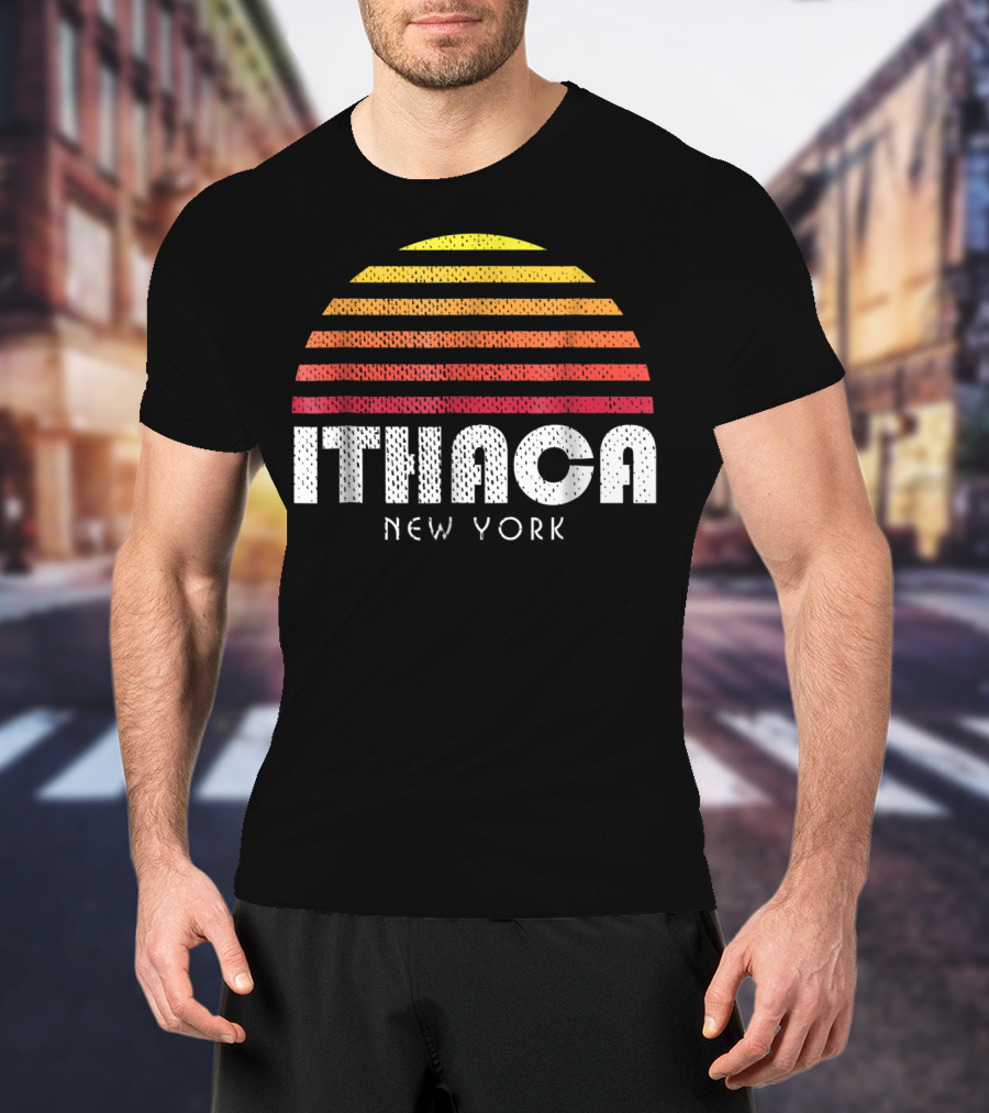 Ithaca New York Retro Striped Sunset T-Shirt