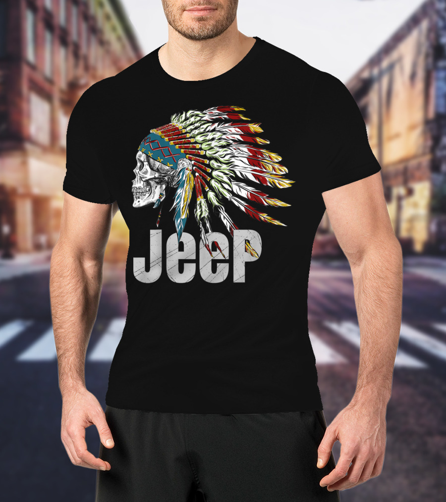 Jeep Skull Wearing Native American Headdress T-Shirt